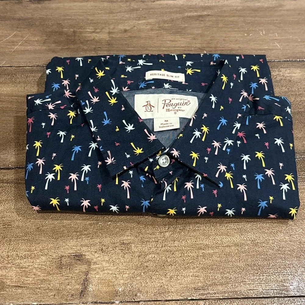 Penguin Button Up Shirt Palm Trees Heritage Slim Fit Short Sleeve Mens Medium